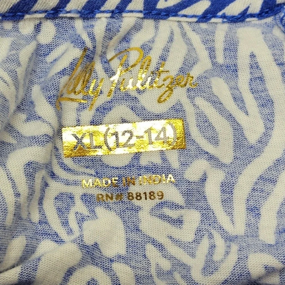 Lilly Pulitzer Top Kids XL 12-14 Blue White Abstract Zebra‎ Off Shoulder Cotton